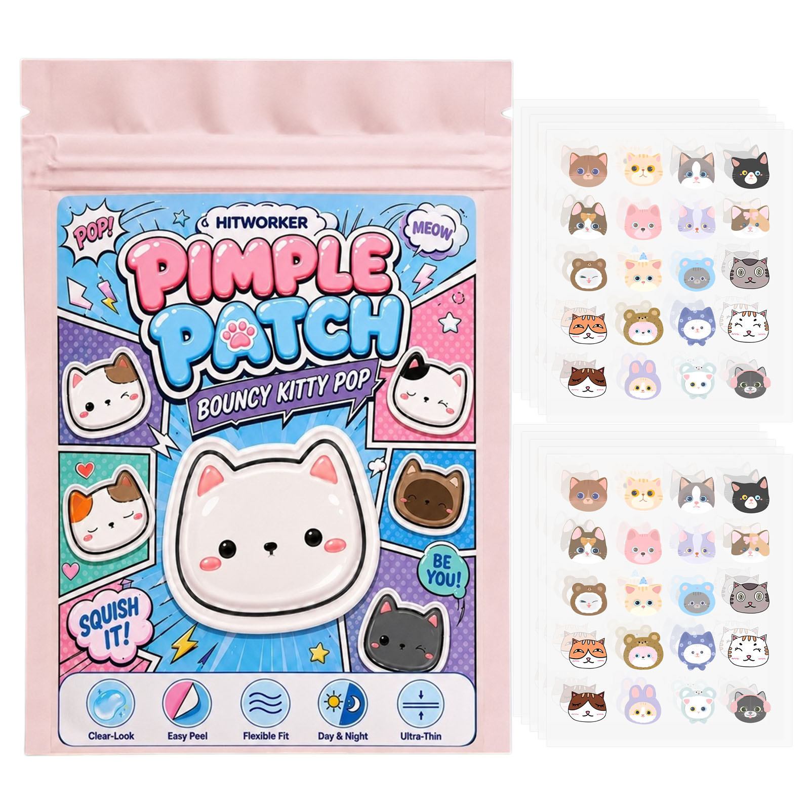 Hydrocolloid Pimple Patch - 100 adet Sevimli Kedi Sivilce Bandı,